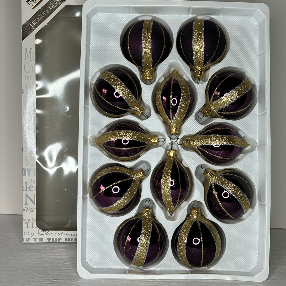 Vintage Unique Treasures Hand Laquered Glass Ornament Set Of 12 Purple & Gold